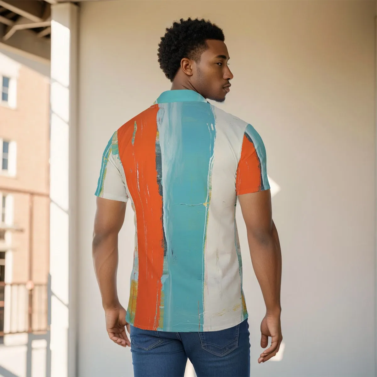 All-Over Print Men's Shirt J 71 orange, teal, and white print