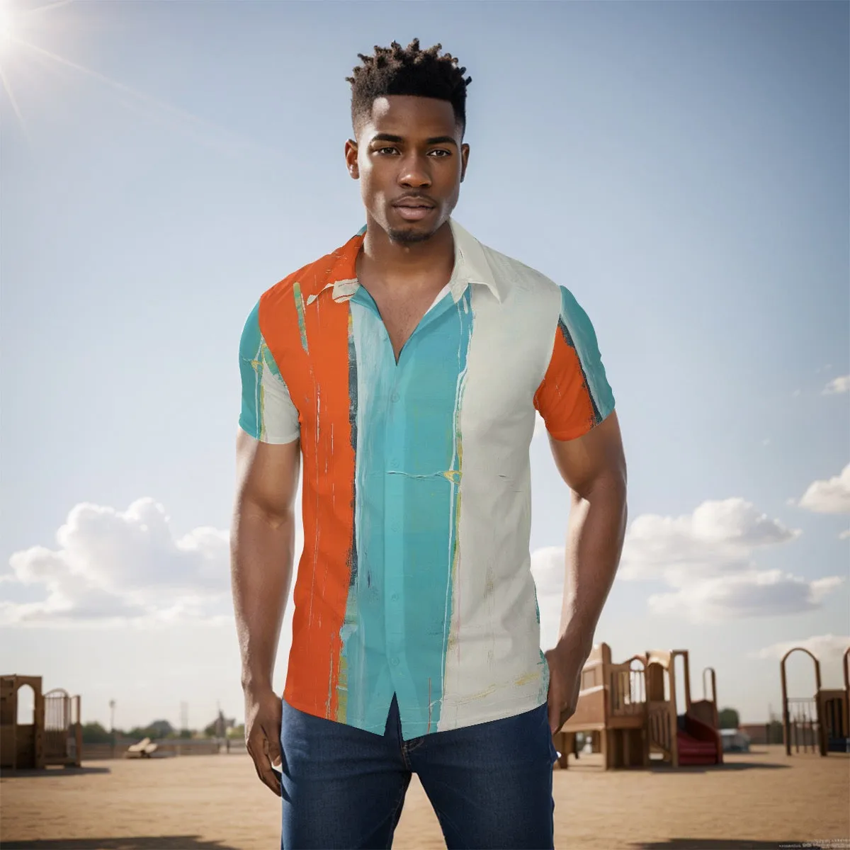 All-Over Print Men's Shirt J 71 orange, teal, and white print