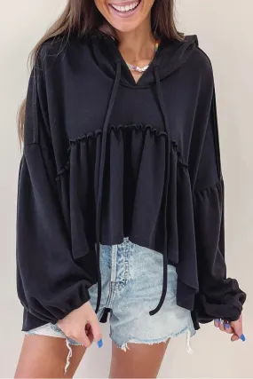 BerryBetty - Black Oversized Ruffled High Low Hem Drop Shoulder Hoodie