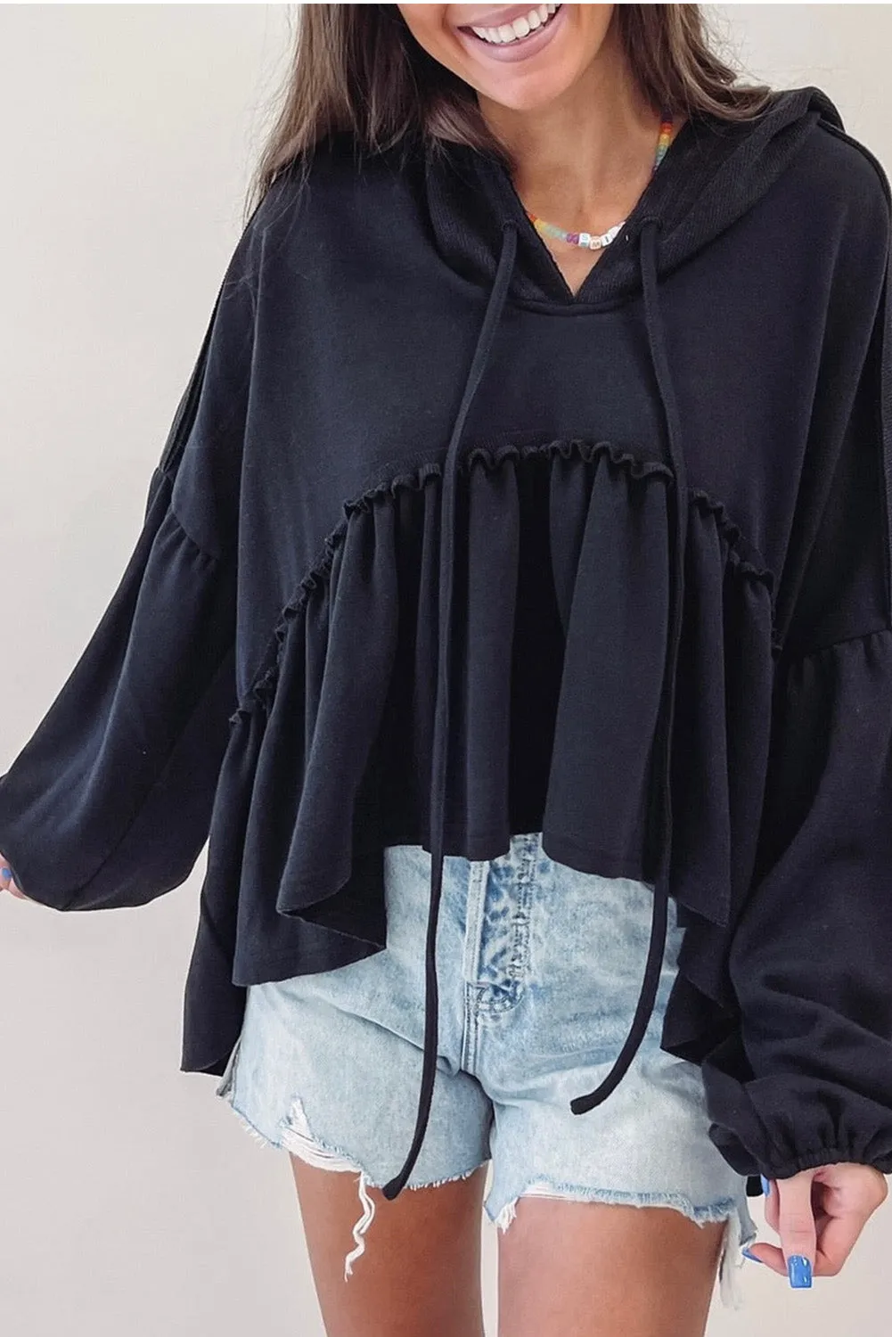 BerryBetty - Black Oversized Ruffled High Low Hem Drop Shoulder Hoodie