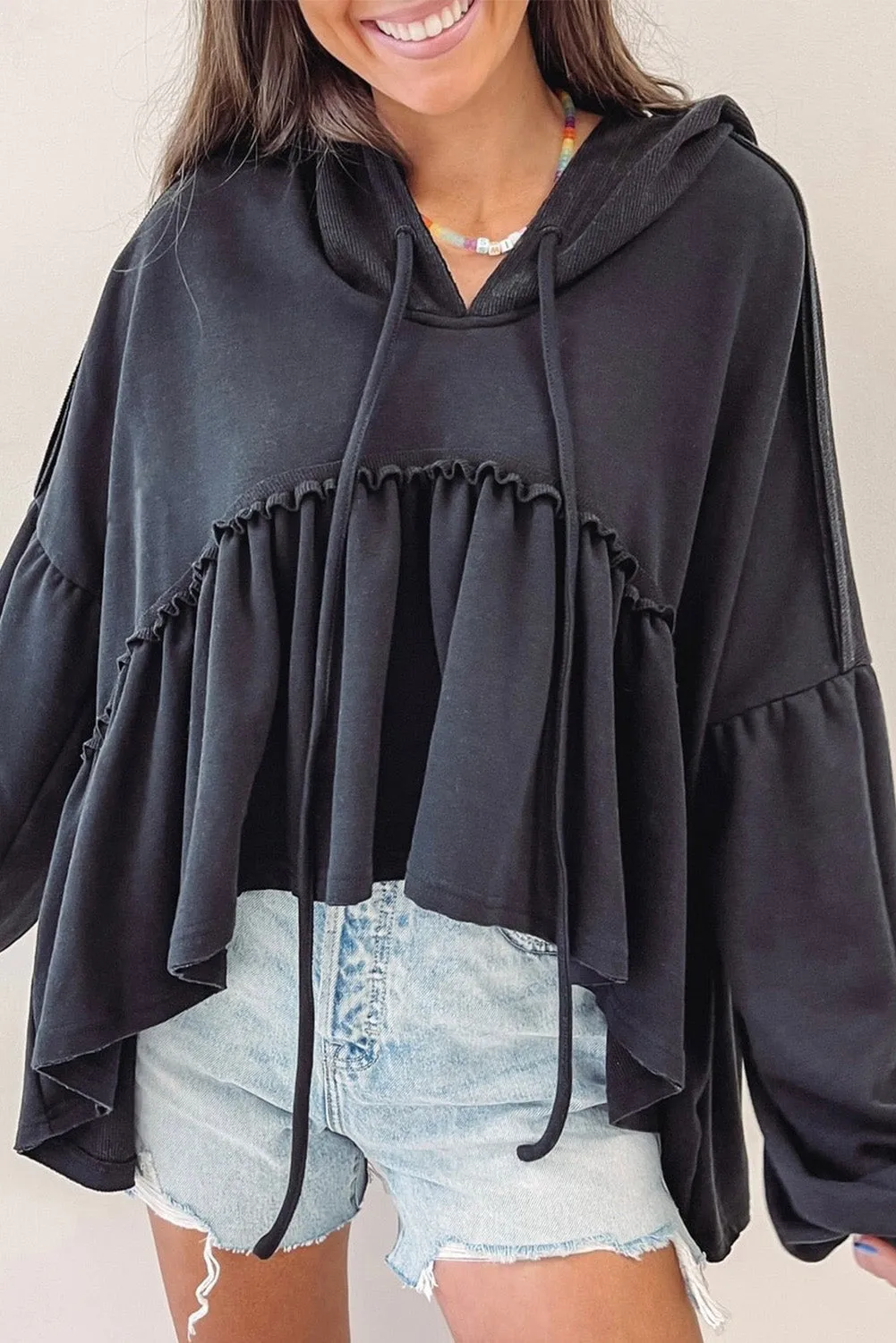 BerryBetty - Black Oversized Ruffled High Low Hem Drop Shoulder Hoodie