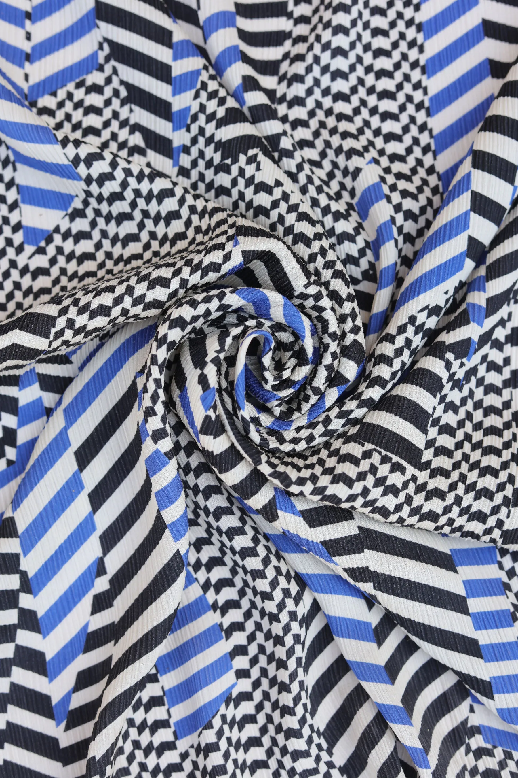 Blue Black Zigzag Pattern Printed Heavy Munga Chiffon Satin Fabric