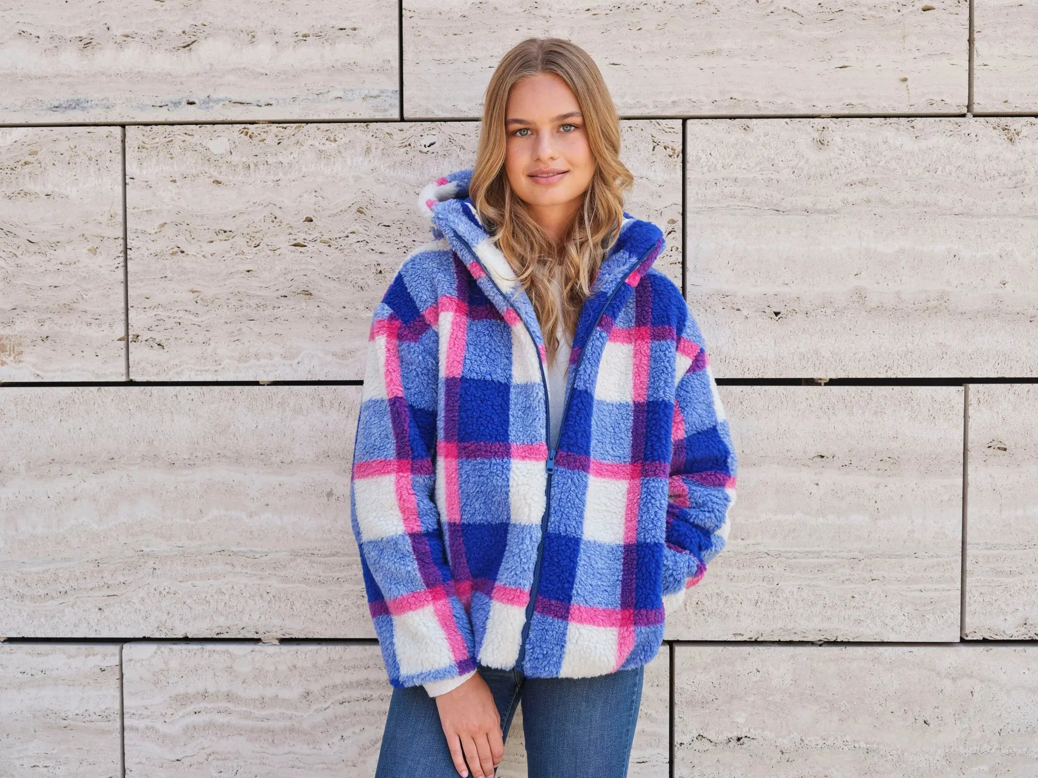 Blue/Hot Pink Large Check Cozy Thick Teddy Fleece | Atelier Jupe | By The Half Yard