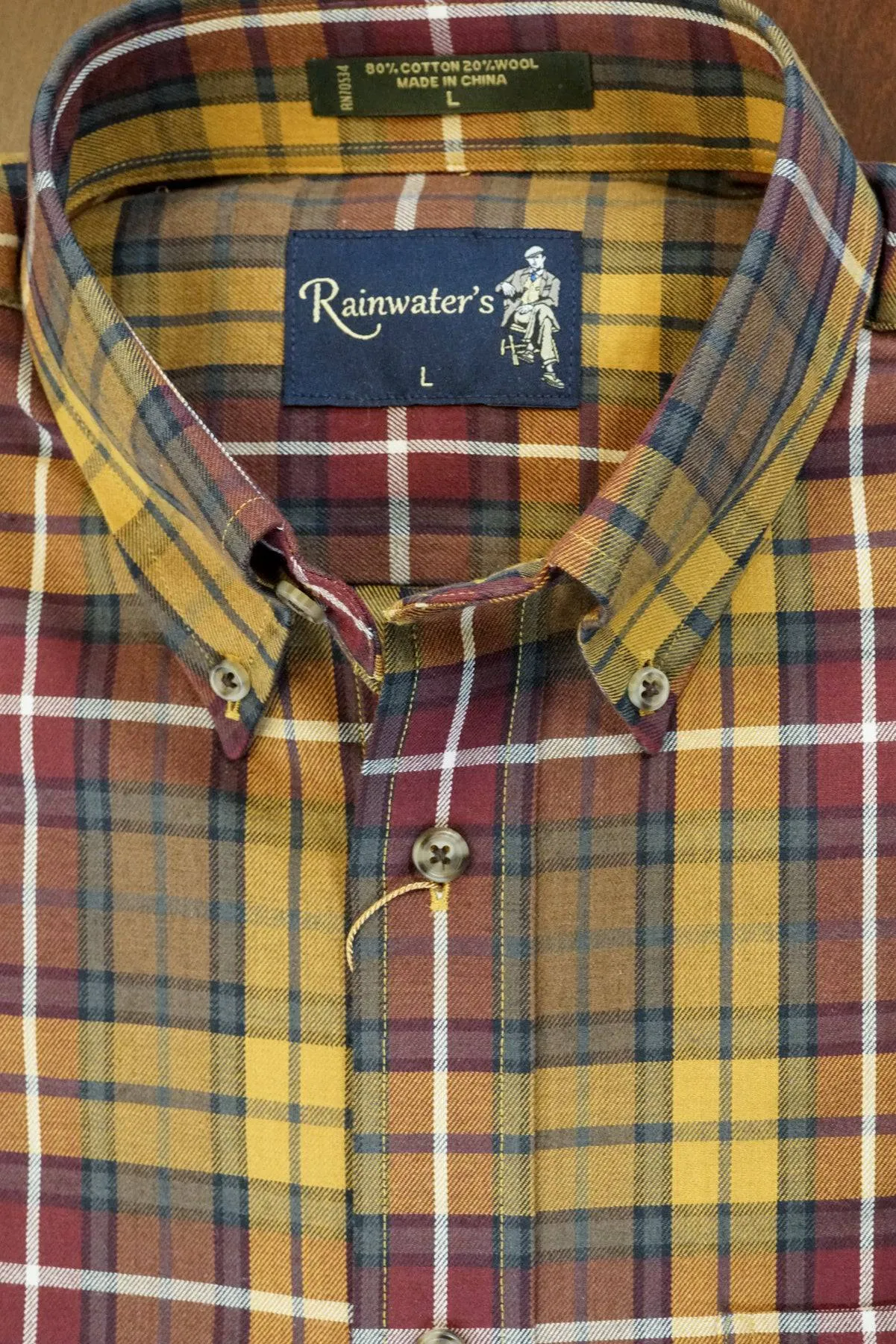 Burgundy and Gold Plaid Button Down in Cotton & Wool by Rainwater's