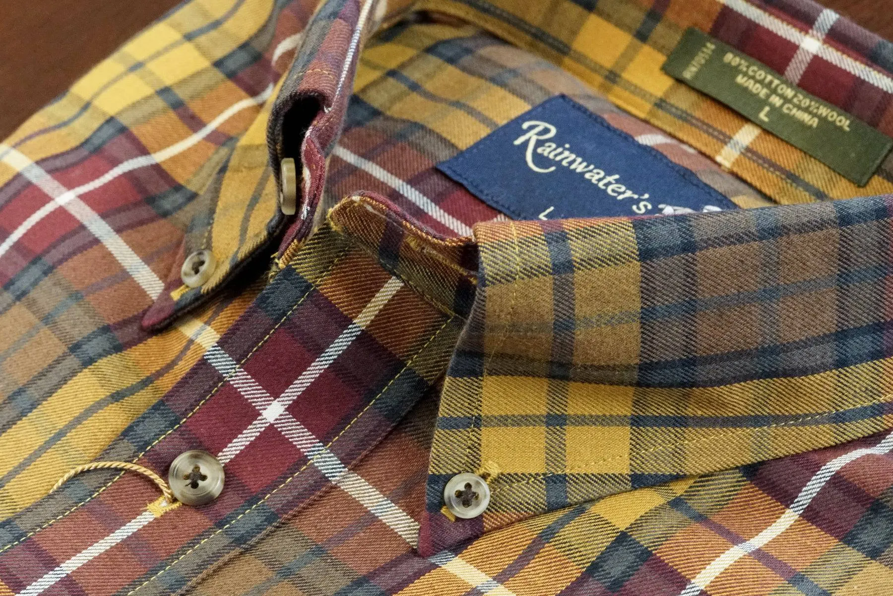 Burgundy and Gold Plaid Button Down in Cotton & Wool by Rainwater's