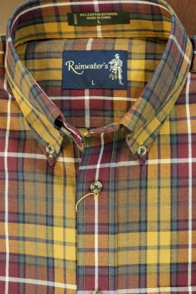 Burgundy and Gold Plaid Button Down in Cotton & Wool by Rainwater's