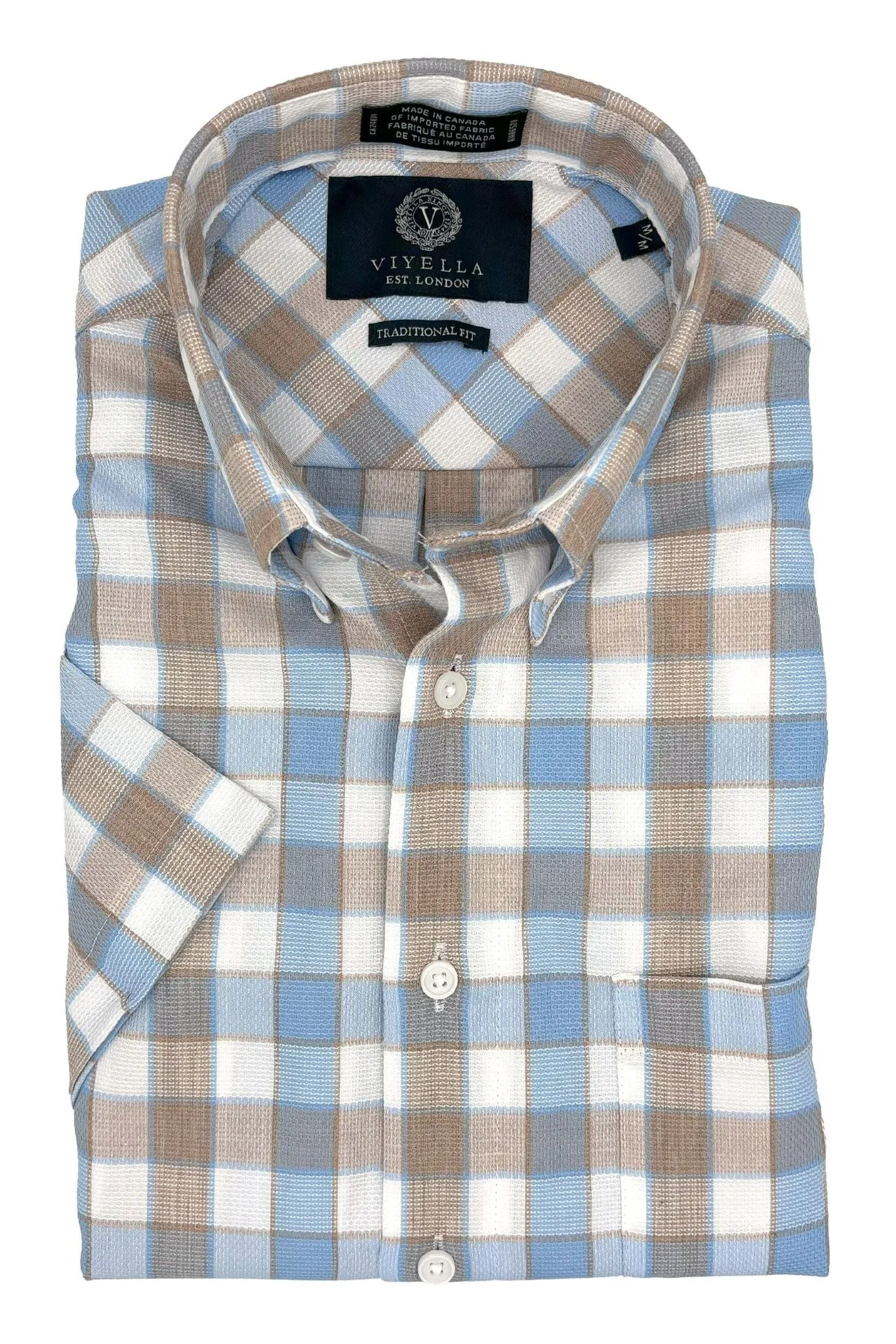 Button-Down Men's Short Sleeve Shirts - Light Blue Plaid