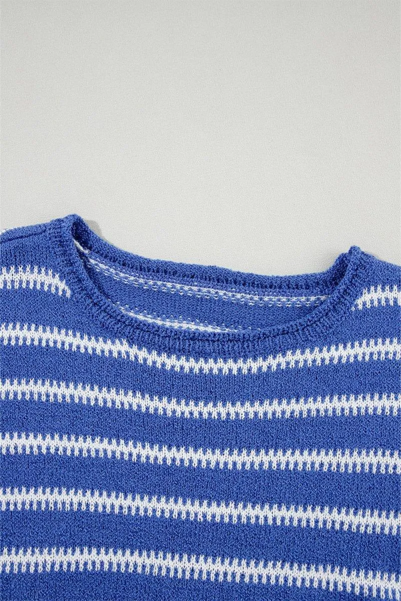 Casual Blue Stripe Drop Shoulder Sweater