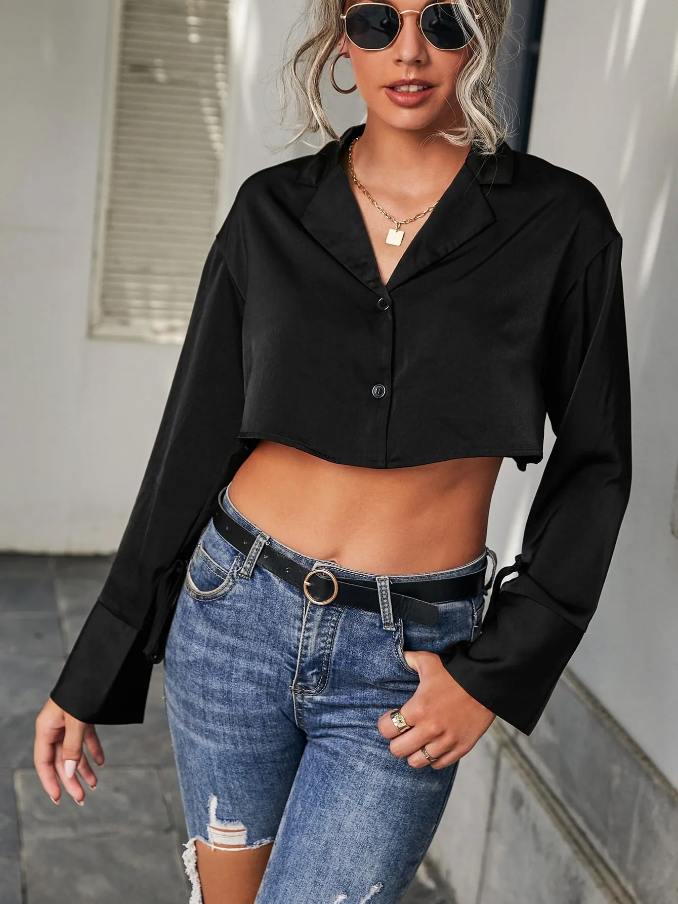 Casual Plain Button Long Sleeve Lapel Crop Women Blazer