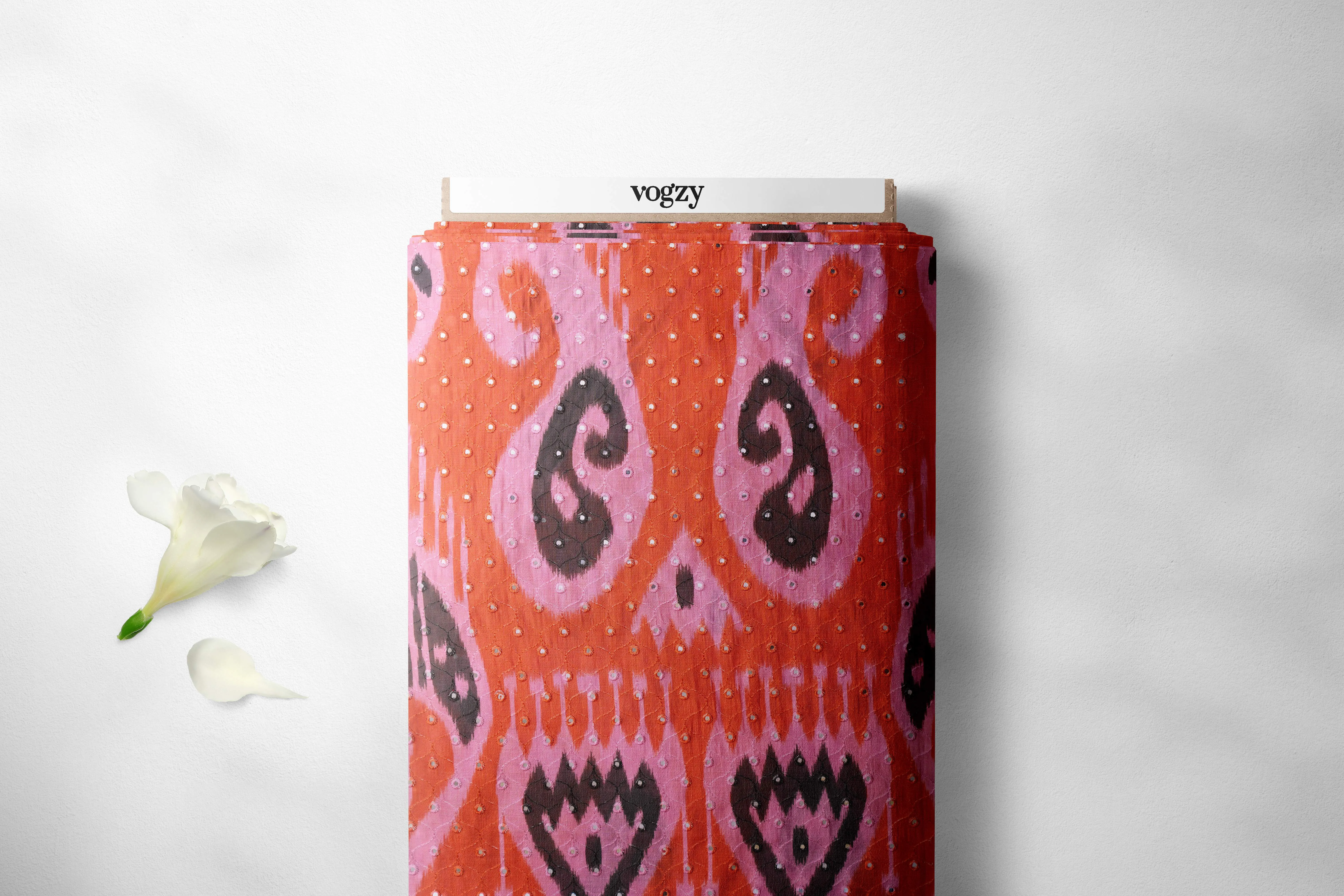 Contemporary Ikat Style Orange Pink Summer Pattern With Mirror Work Detailing Chanderi Fabric