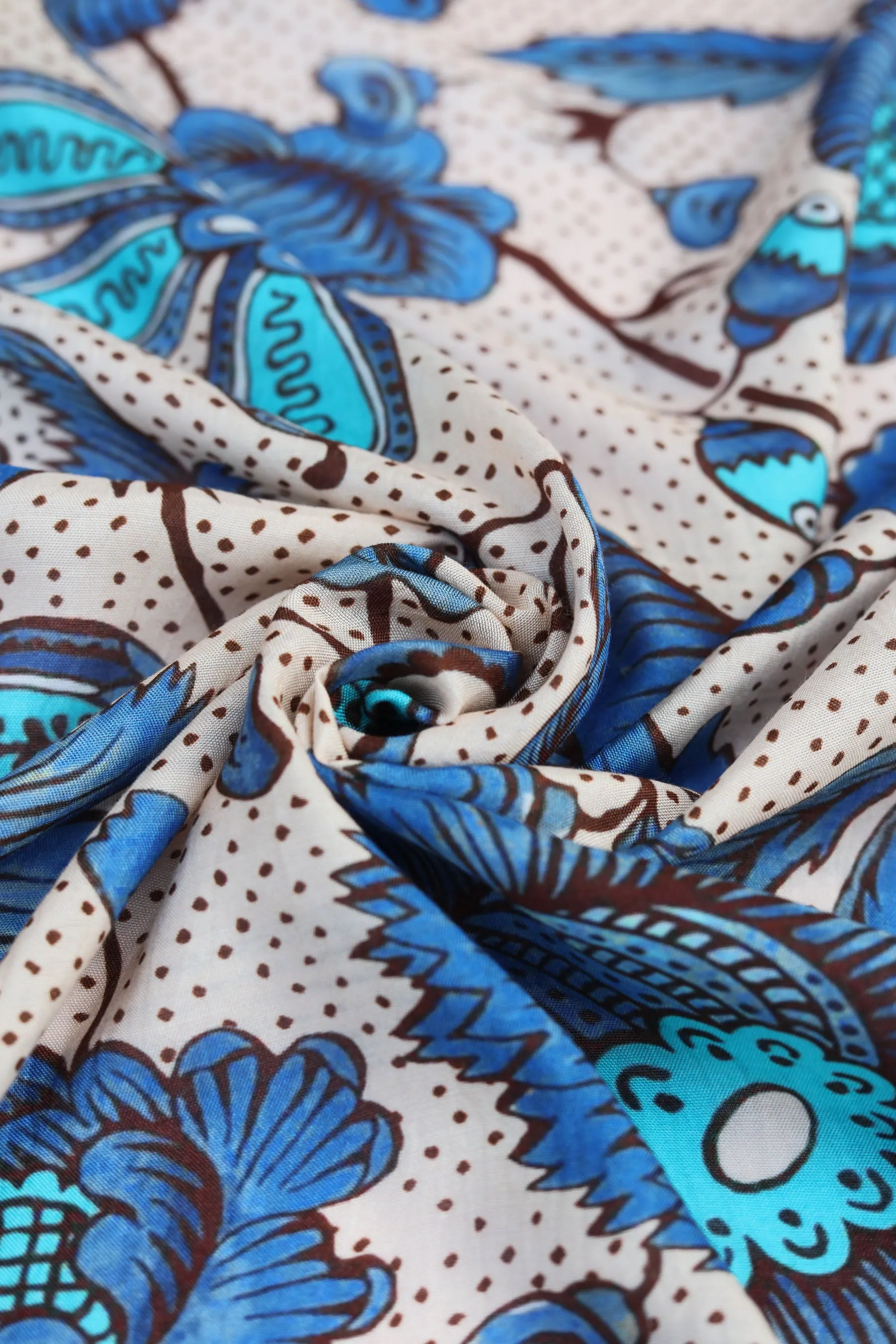 Cream-Blue Floral Printed Natural Muslin Silk Fabric