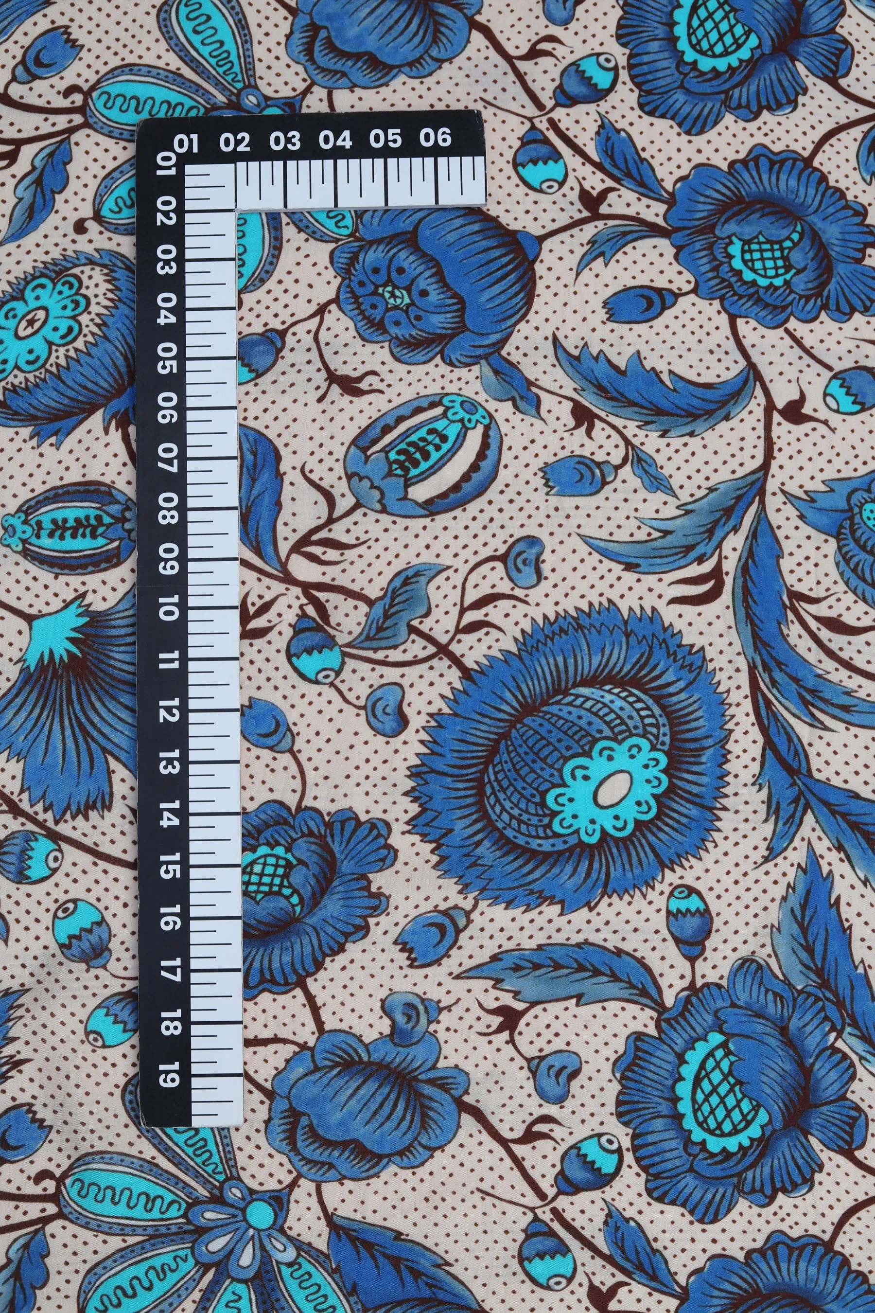 Cream-Blue Floral Printed Natural Muslin Silk Fabric