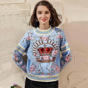 Cute Blue Floral Crown Embroidered Crew Neck Drop Shoulder Pullover Sweater