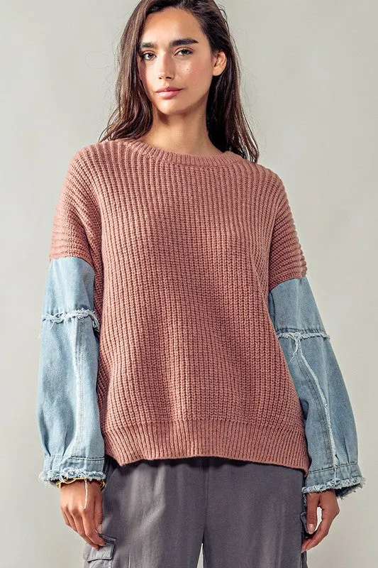 Denim Sleeve Two Tone Knit Sweater BRICK