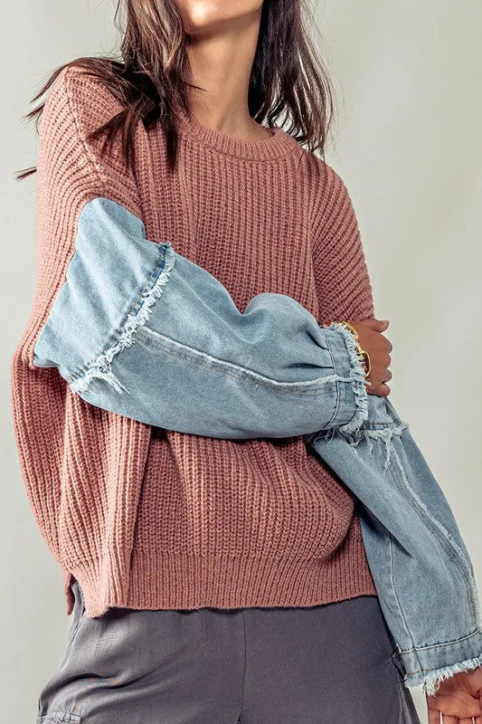 Denim Sleeve Two Tone Knit Sweater BRICK