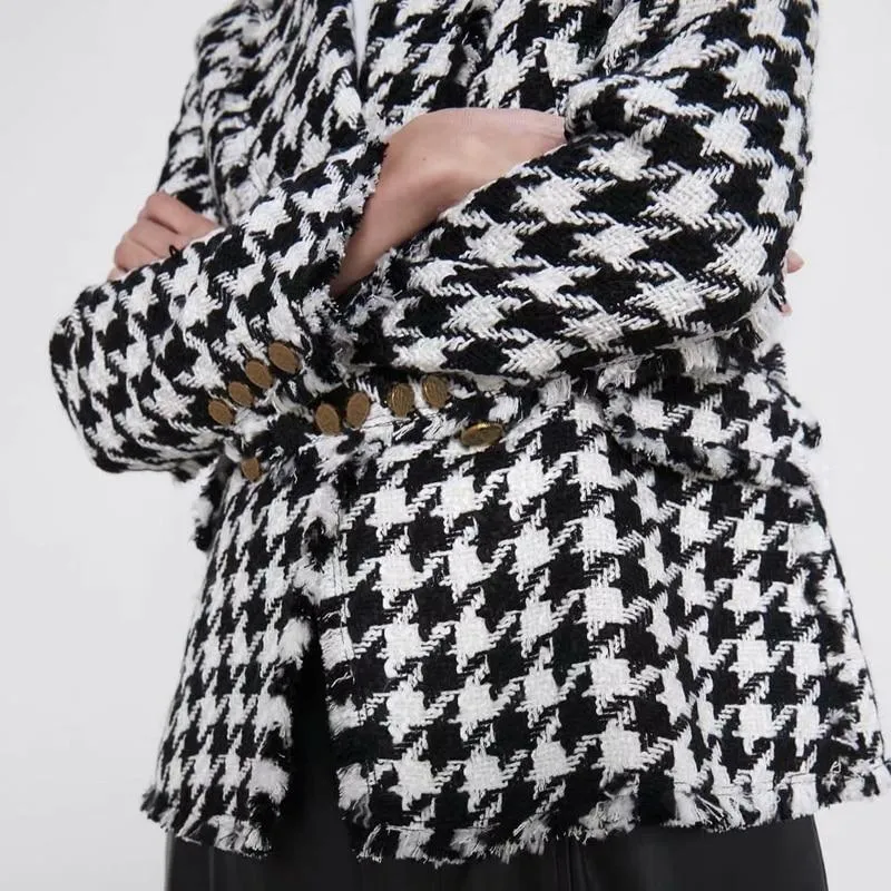 Double Breasted Blazers Women Fashion Houndstooth Casual Jackets Women Elegant Long Sleeve Blazer