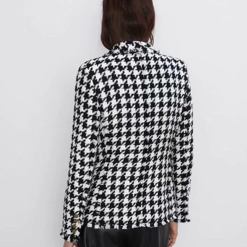 Double Breasted Blazers Women Fashion Houndstooth Casual Jackets Women Elegant Long Sleeve Blazer