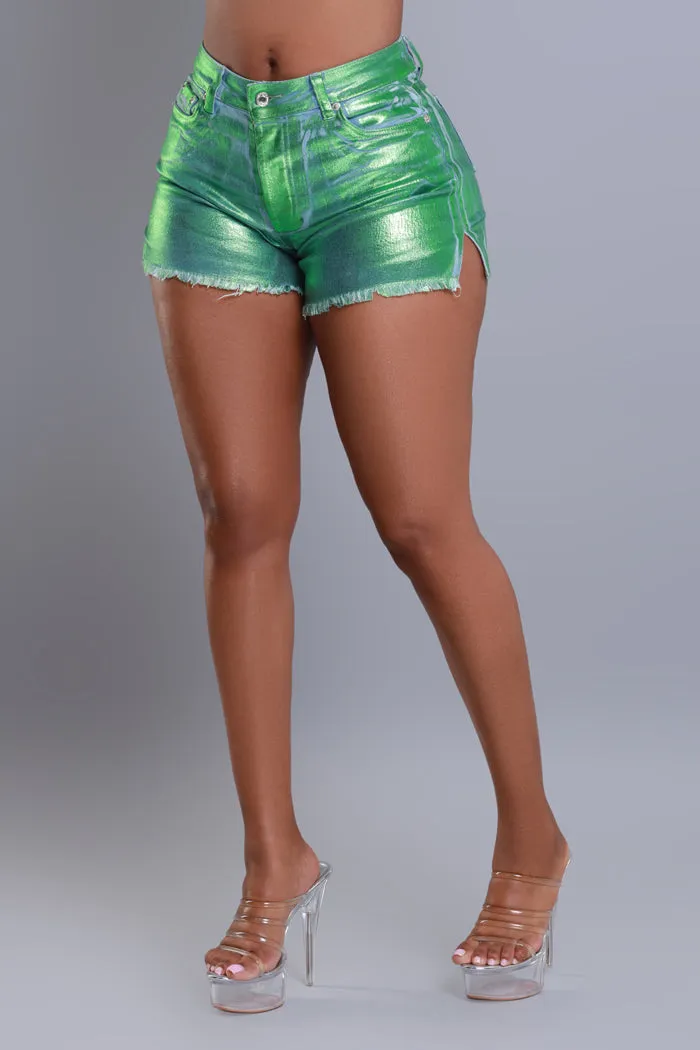 Drive You Wild High Rise Foil Shorts - Green