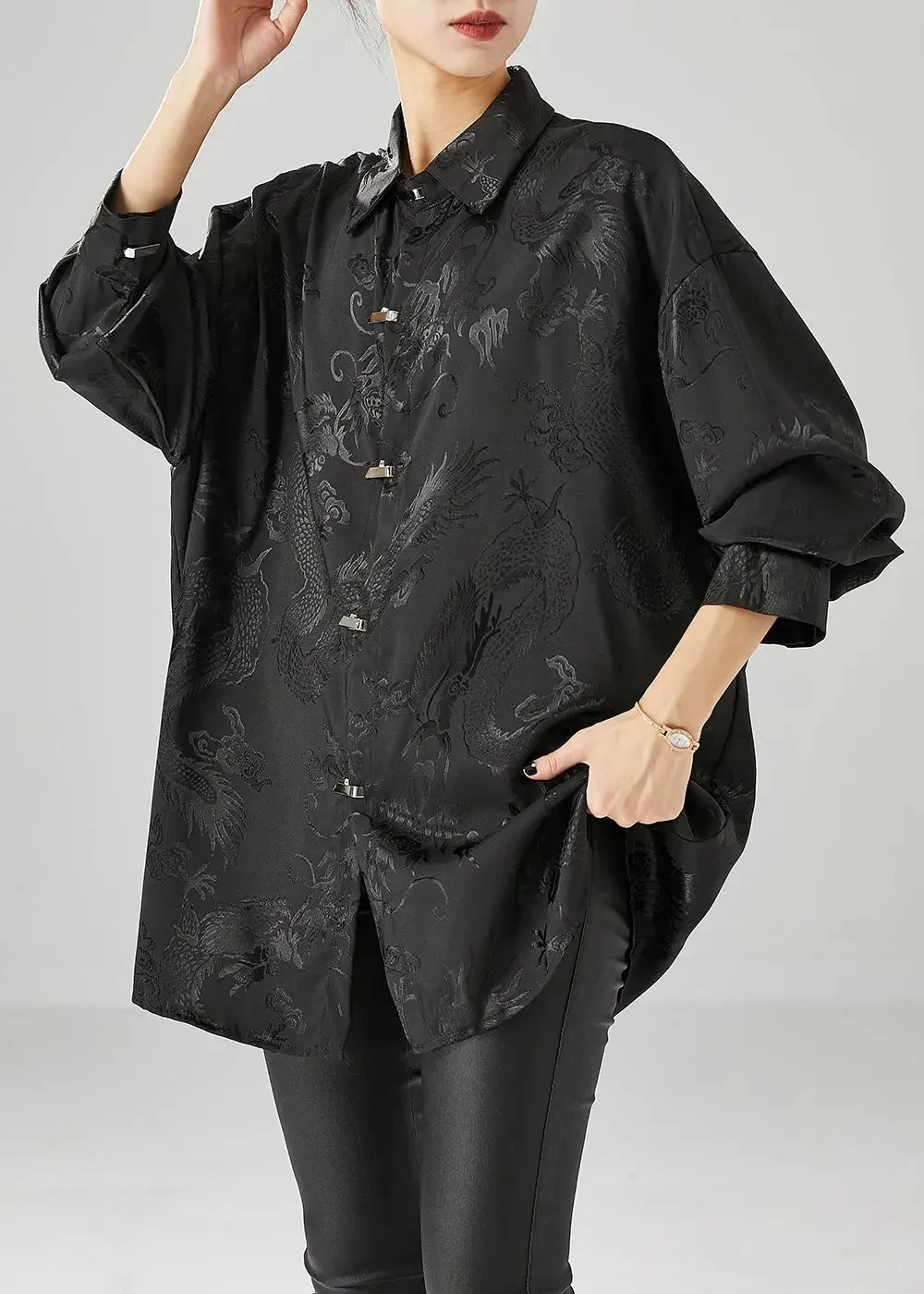 Fine Black Oversized Jacquard Silk Blouse Tops Fall ML0496