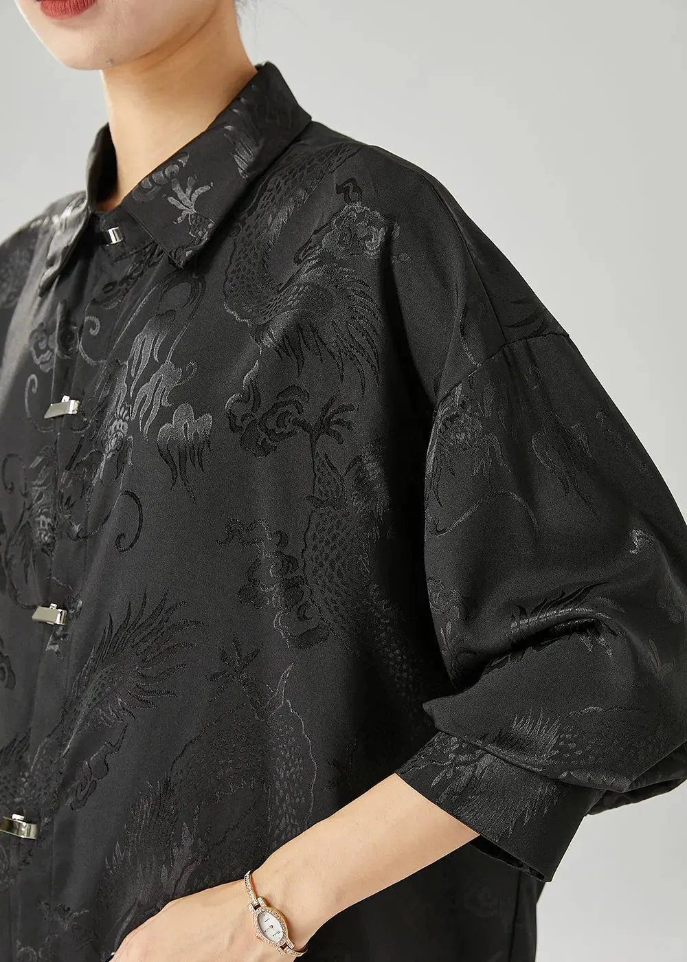 Fine Black Oversized Jacquard Silk Blouse Tops Fall ML0496