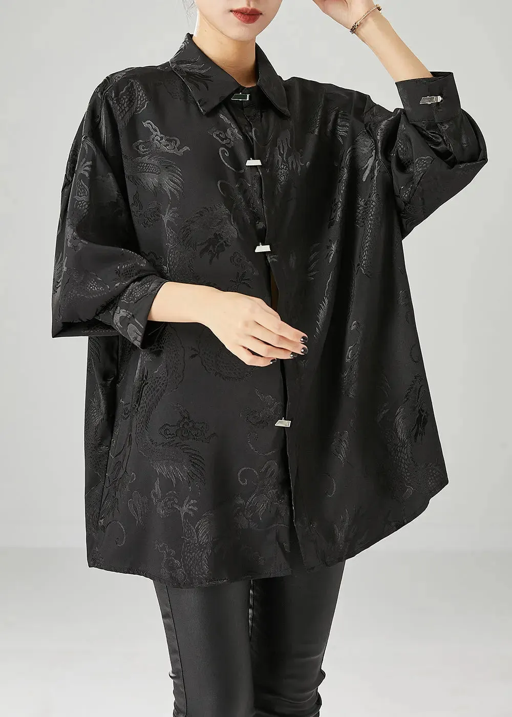 Fine Black Oversized Jacquard Silk Blouse Tops Fall ML0496