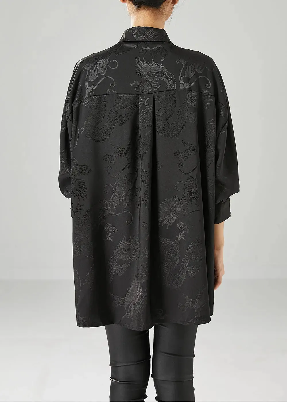 Fine Black Oversized Jacquard Silk Blouse Tops Fall ML0496