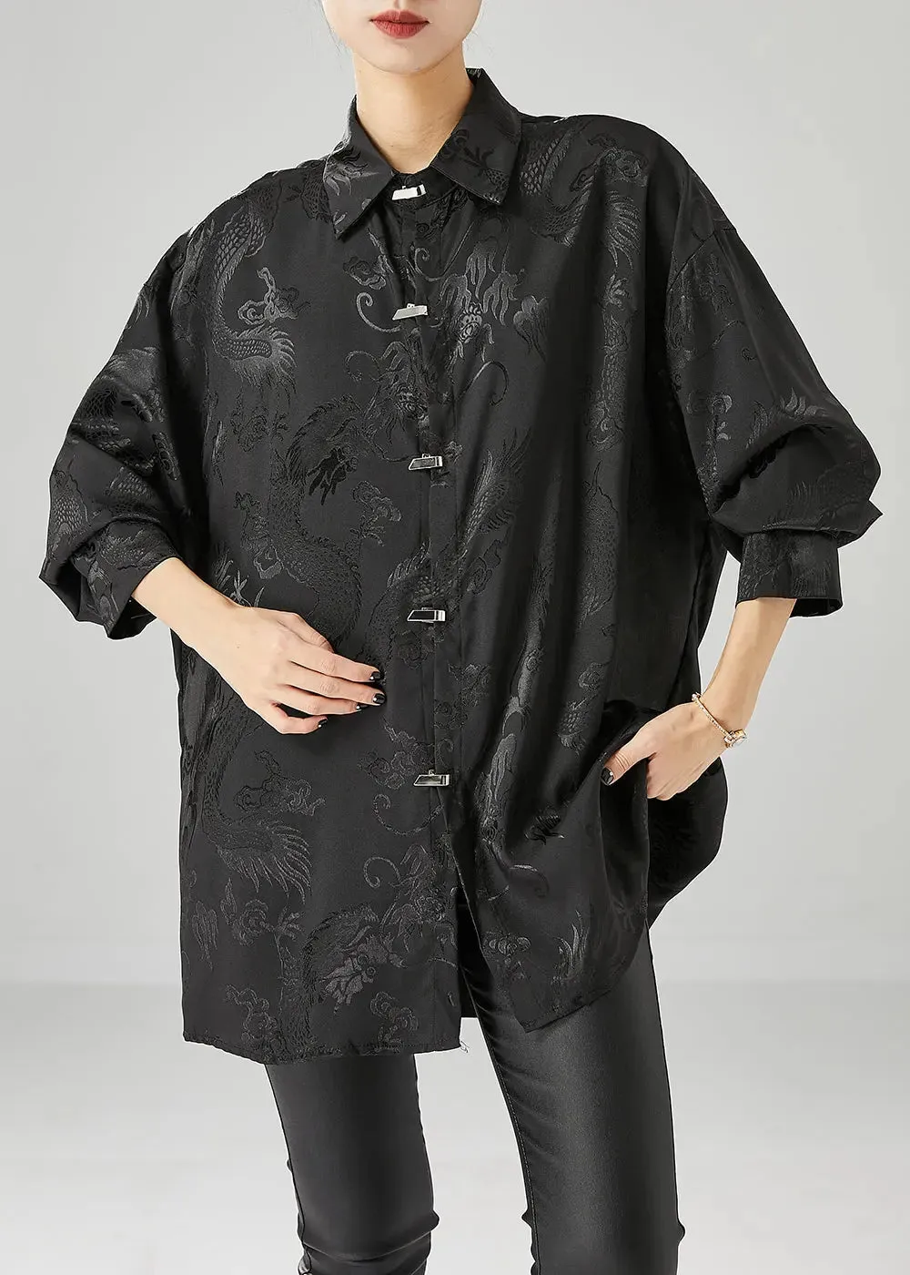 Fine Black Oversized Jacquard Silk Blouse Tops Fall ML0496