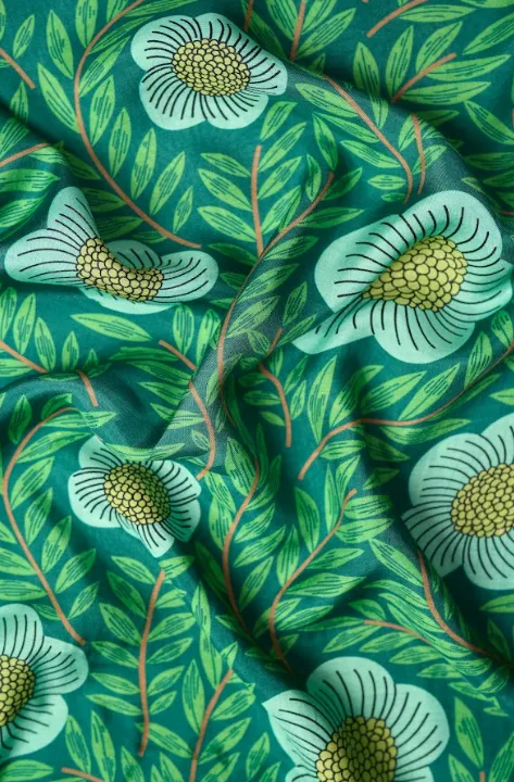 Floral Blue, Leaf Green Pattern Printed Natural Muslin Silk Fabric