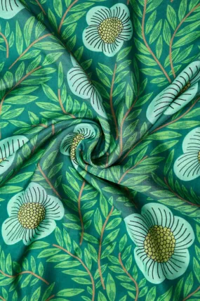 Floral Blue, Leaf Green Pattern Printed Natural Muslin Silk Fabric