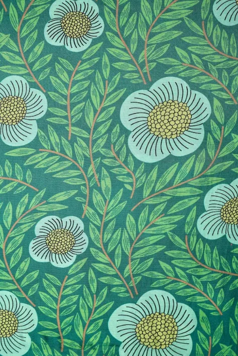 Floral Blue, Leaf Green Pattern Printed Natural Muslin Silk Fabric