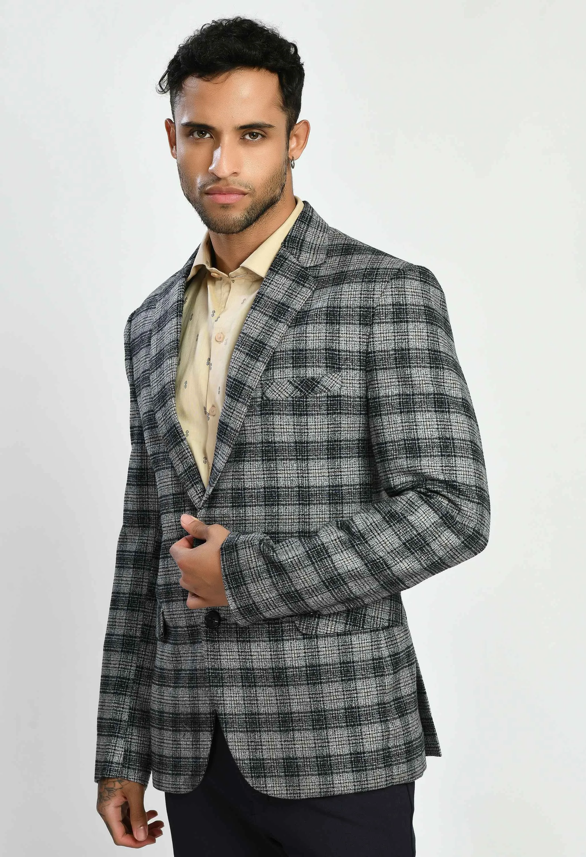 Grey Black Checks Casual Blazers