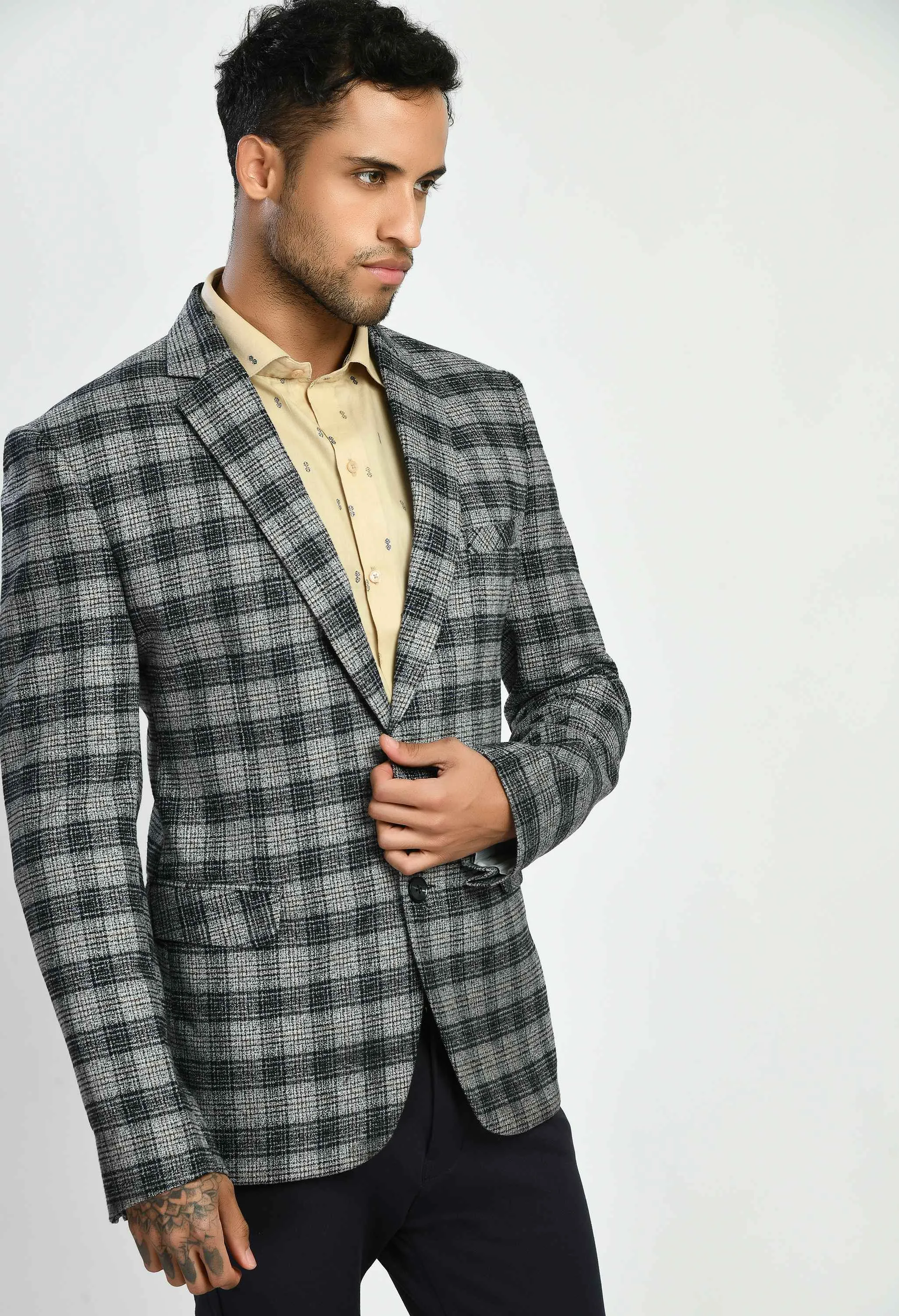 Grey Black Checks Casual Blazers