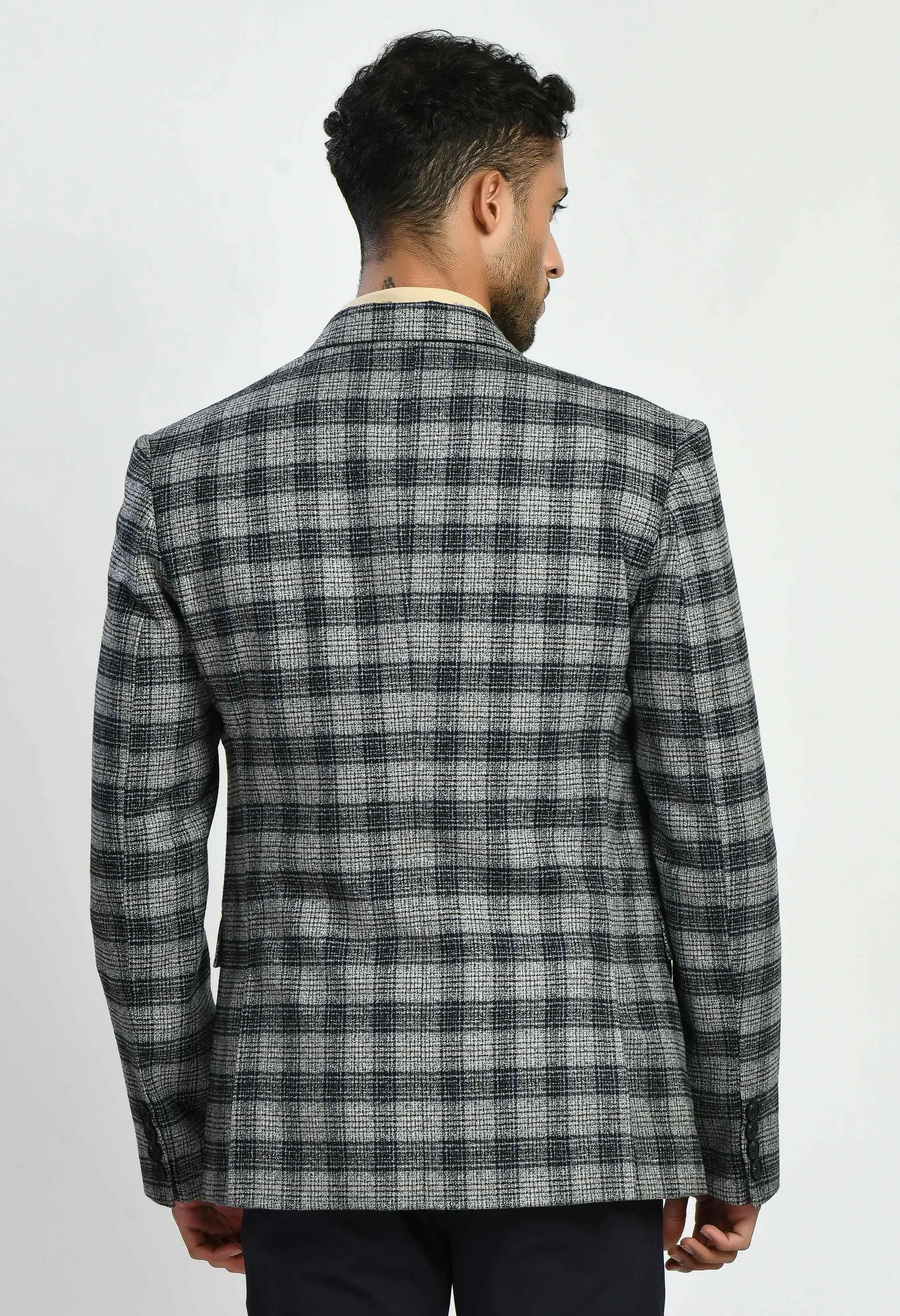 Grey Black Checks Casual Blazers