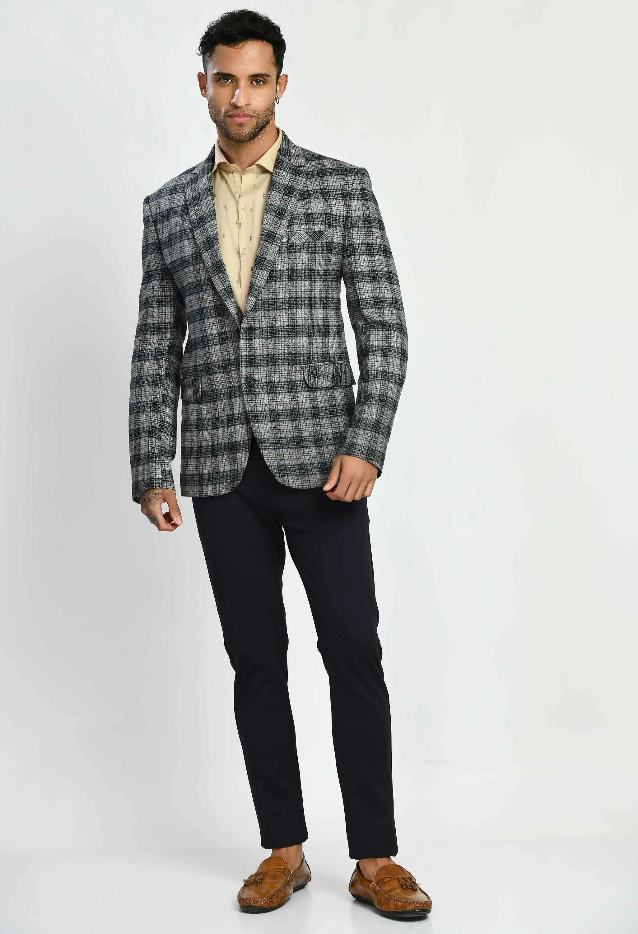 Grey Black Checks Casual Blazers