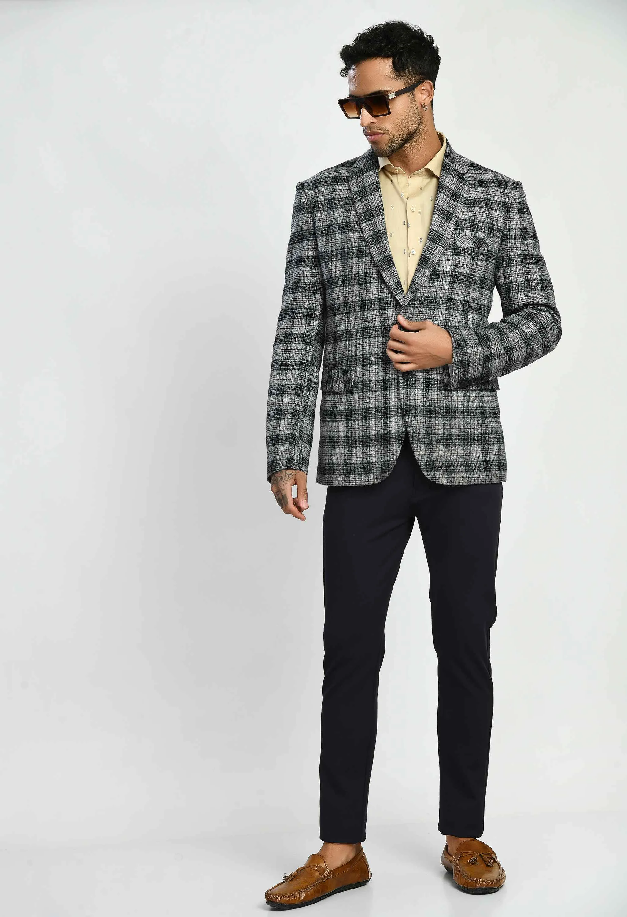 Grey Black Checks Casual Blazers