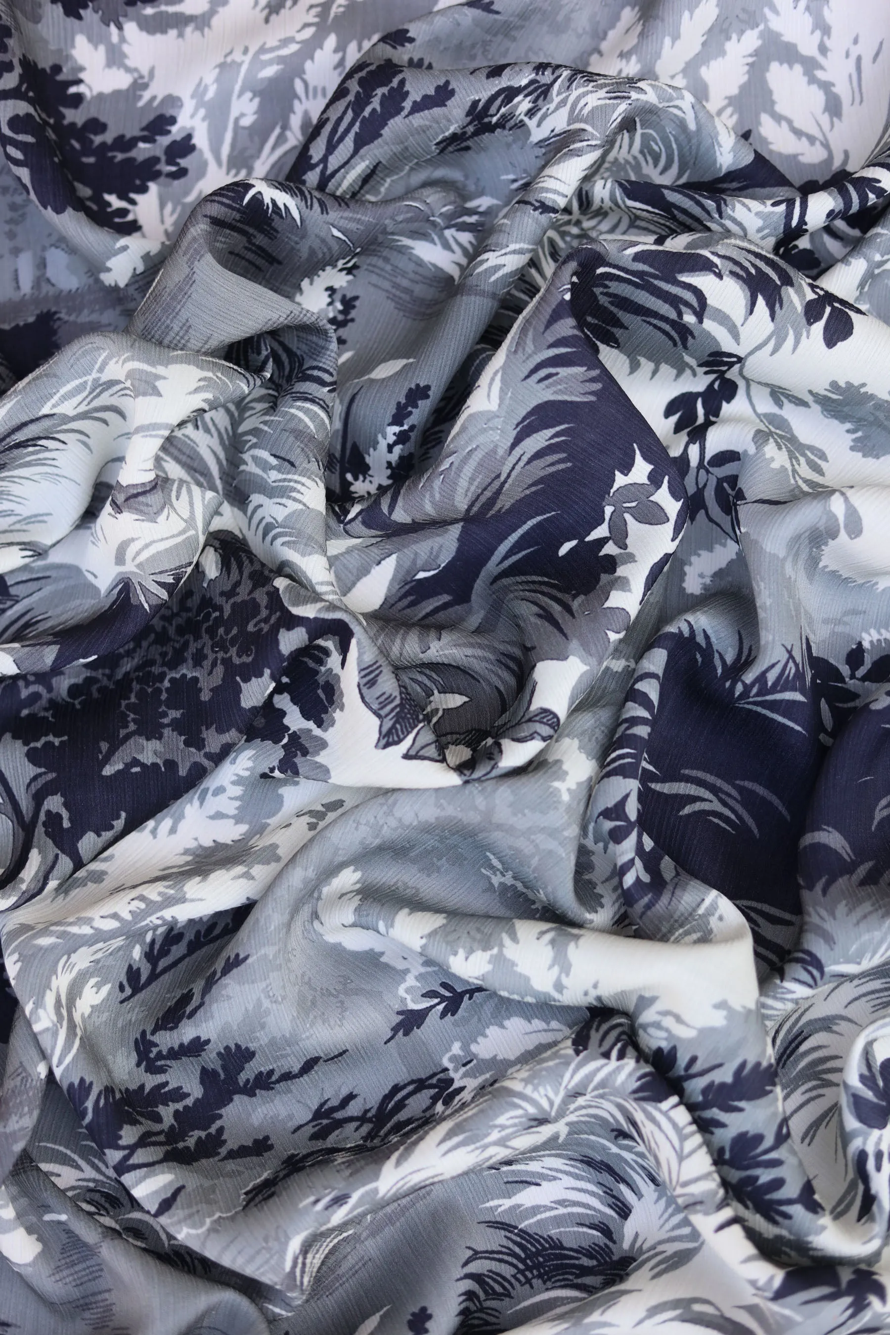 Ivory Black Grey Landscape Pattern Printed Heavy Munga Chiffon Satin Fabric