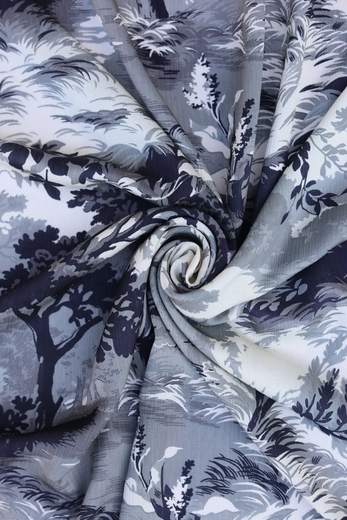 Ivory Black Grey Landscape Pattern Printed Heavy Munga Chiffon Satin Fabric