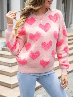 Knitted Fluffy Heart Drop Shoulder Sweater