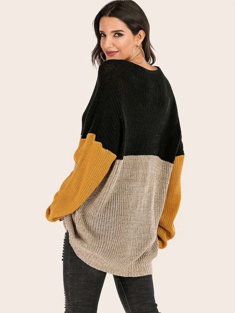 Knitted Patchwork Colors Drop Shoulder Mid Sweater