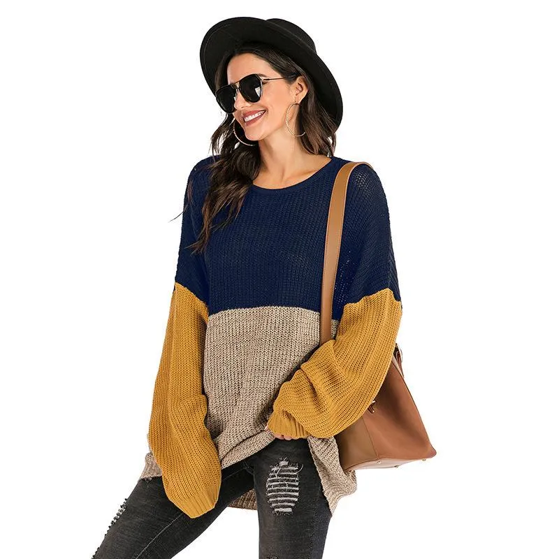 Knitted Patchwork Colors Drop Shoulder Mid Sweater