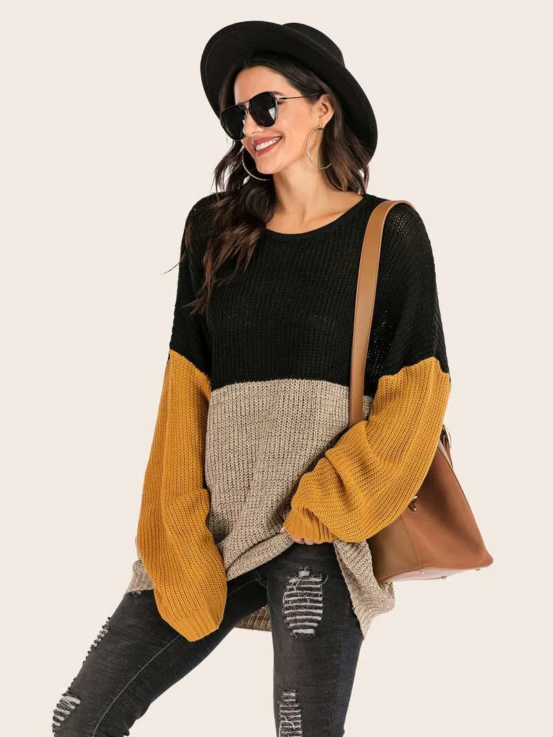 Knitted Patchwork Colors Drop Shoulder Mid Sweater