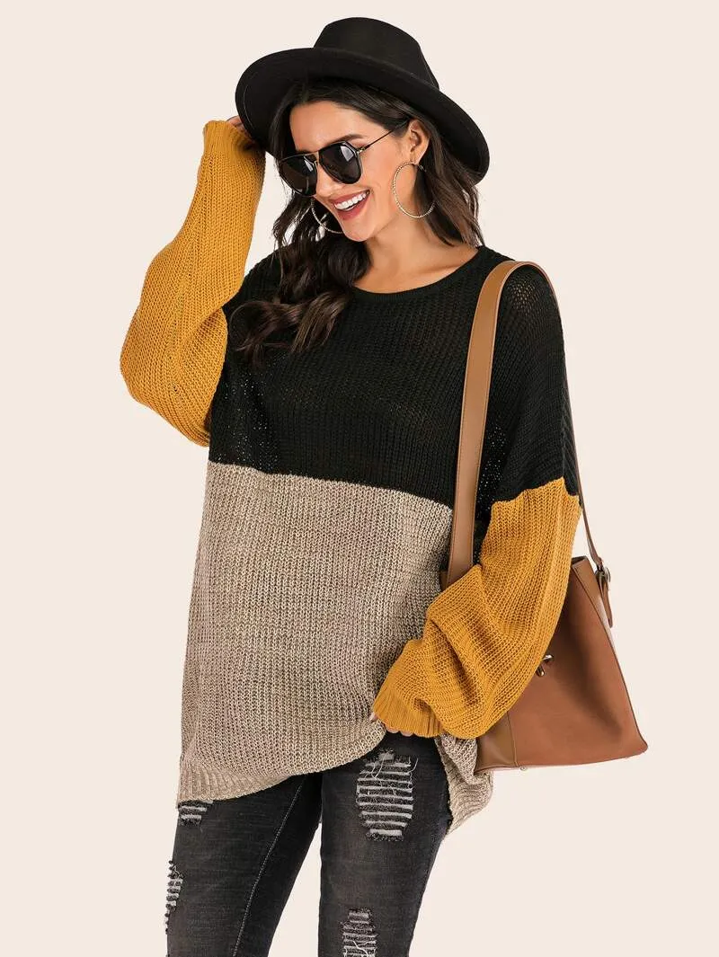 Knitted Patchwork Colors Drop Shoulder Mid Sweater