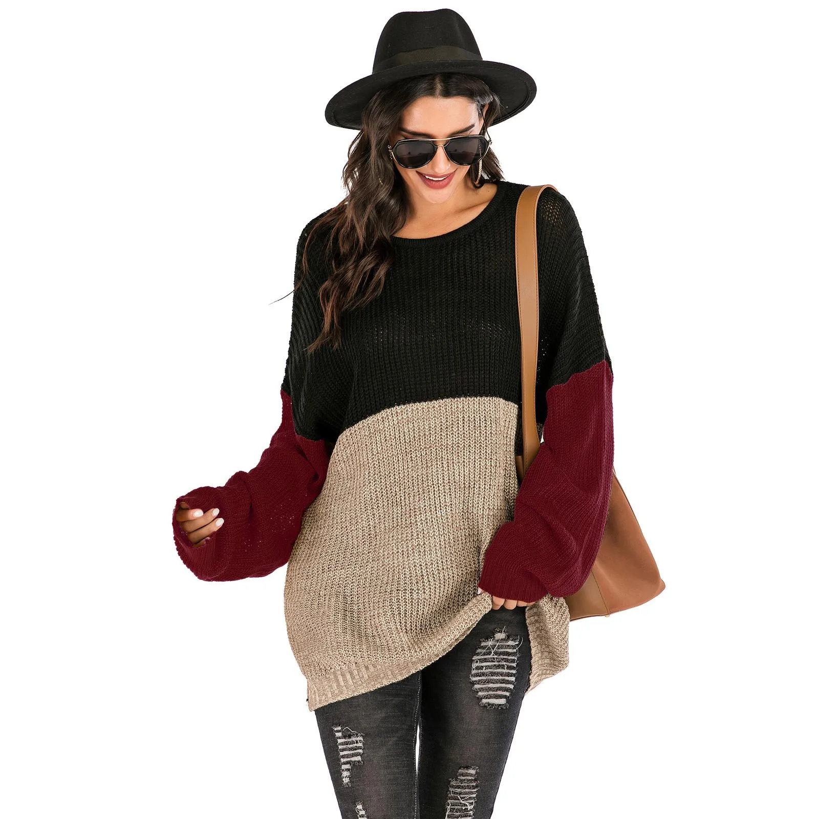 Knitted Patchwork Colors Drop Shoulder Mid Sweater