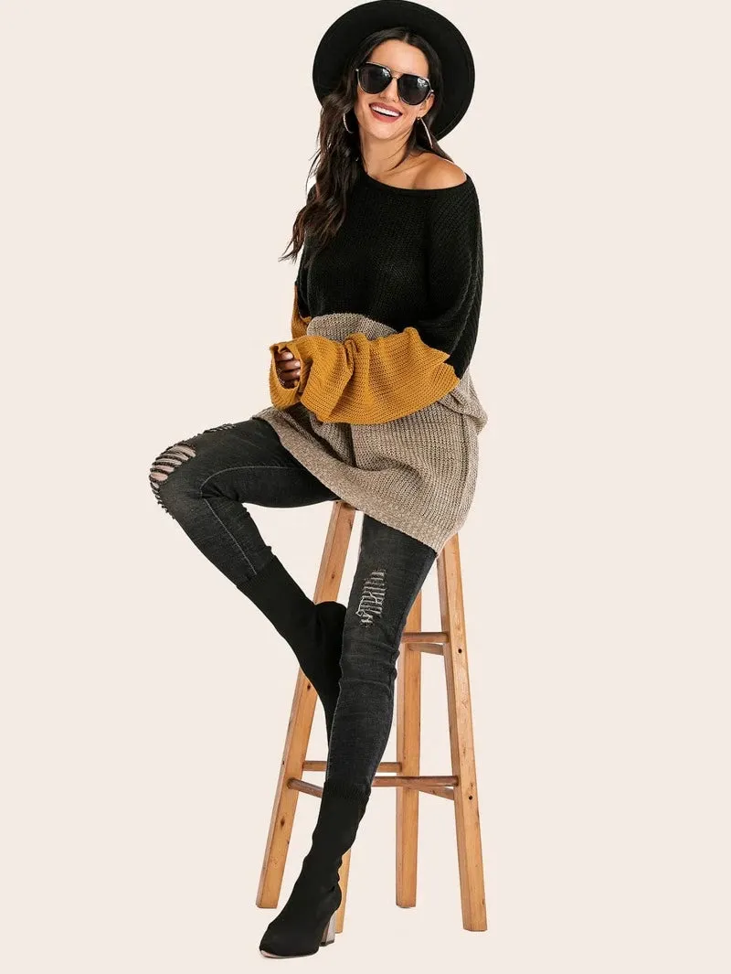 Knitted Patchwork Colors Drop Shoulder Mid Sweater