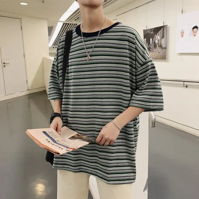 [Korean Style] Barney Stripe 1/2 T-shirts