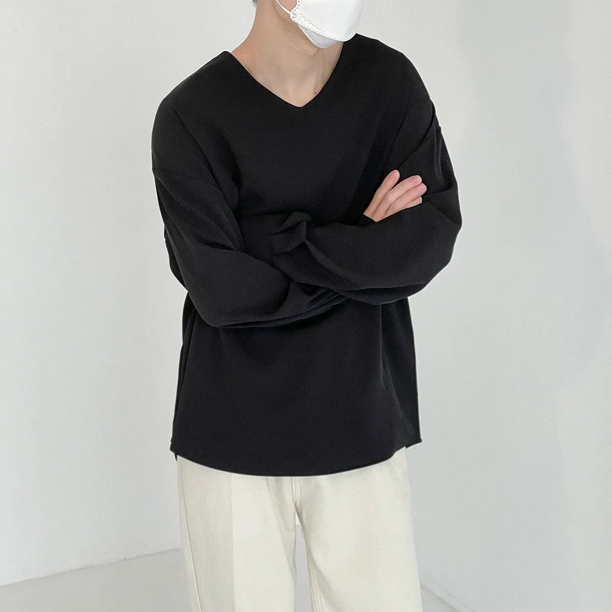 [Korean Style] Black Long-sleeved V-Neck Sweatshirts