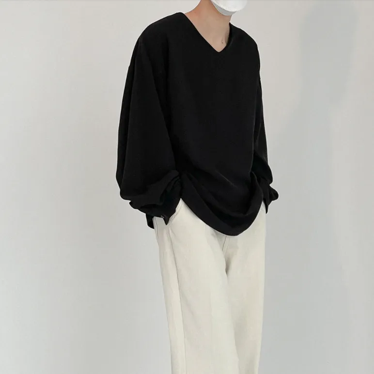 [Korean Style] Black Long-sleeved V-Neck Sweatshirts