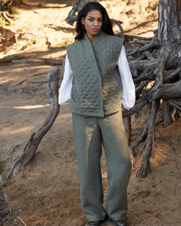 Linen Quilted Vest Fonni in Dark Green