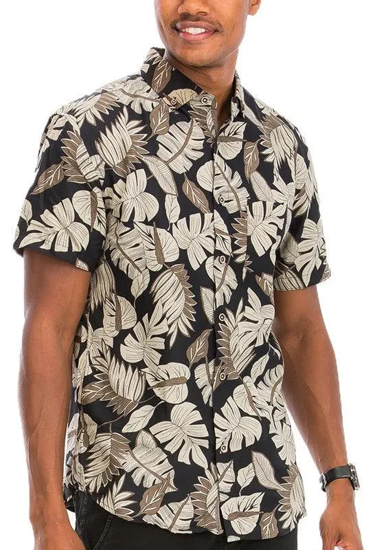 Men's Black and Tan Hawaiian Print Button Down Shirt