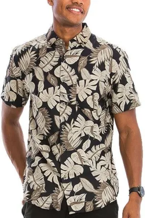 Men's Black and Tan Hawaiian Print Button Down Shirt